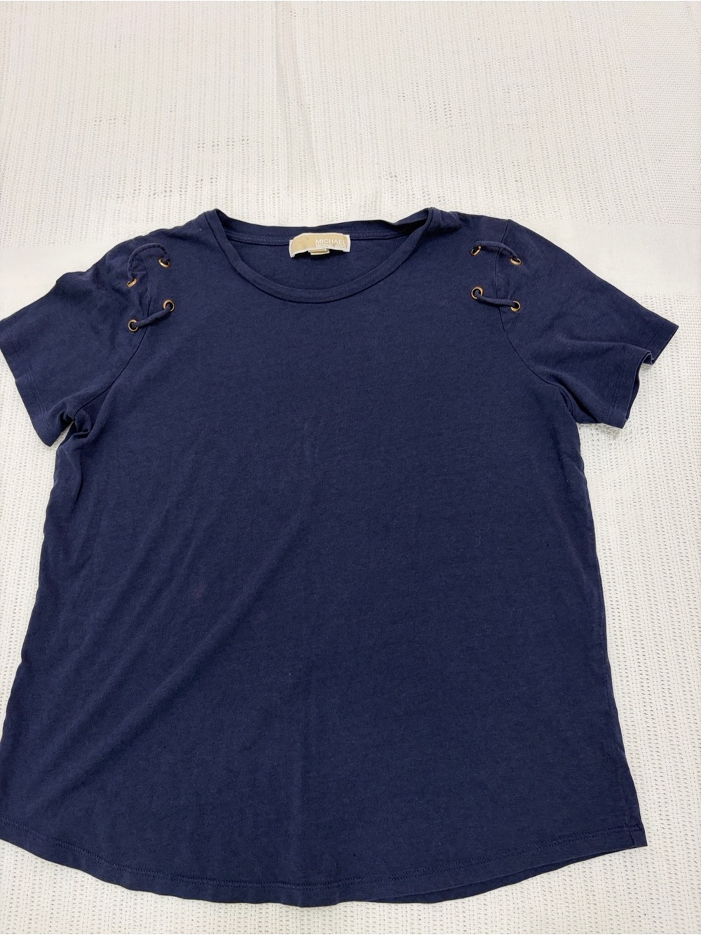 Michael Kors Navy Short-Sleeve Tee with Lace-Up Shoulder Detail